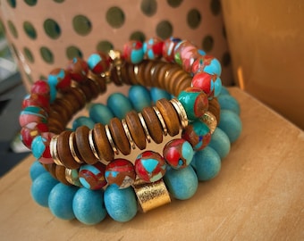 Pulsera de jaspe mosaico: joyería apilable de madera de colores
