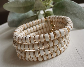 White Bone Heishi Bracelet: 24k Gold Spacer Stacking Bracelet