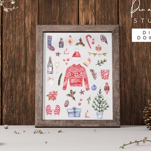 Christmas Collage, Winter Items, Christmas Print, Holiday Art, Christmas Carol, Holiday Decor, Christmas Decoration, Watercolor
