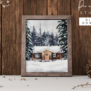 Winter Cabin Watercolor Print, Christmas Print, Holiday Art, Christmas Carol, Holiday Decor, Christmas Decoration, Pine Tree, Christmas Tree