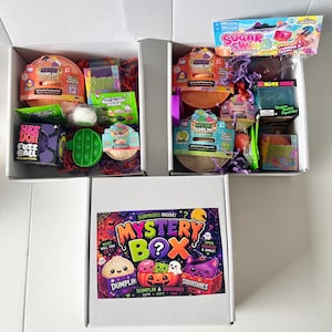 May include: Two open white cardboard boxes filled with various colourful sensory toys, including Mystery Dumpling containers, Nee Doh Fuzz Balls, and Sugar Swaps. A third closed white box features a label with the text Mystery Box and cartoon characters.