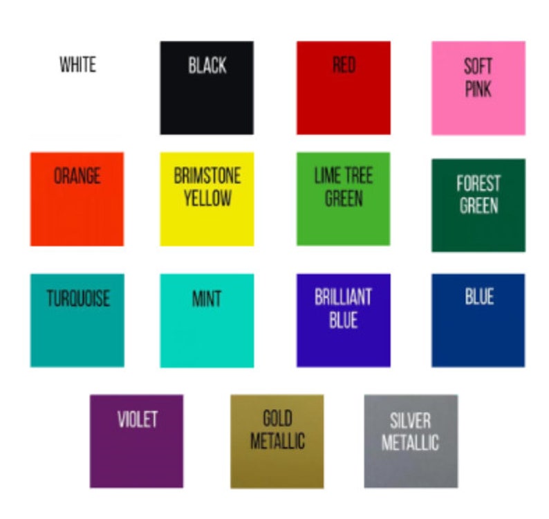 May include: A colour chart with 12 different colours, including white, black, red, soft pink, orange, brimstone yellow, lime tree green, forest green, turquoise, mint, brilliant blue, and blue. The bottom row also includes violet, gold metallic, and silver metallic.