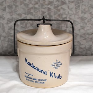 Vintage Large Kaukauna Klub Cheese Crock with Lid Ceramic Stoneware Crock and Lid with Metal Hinge