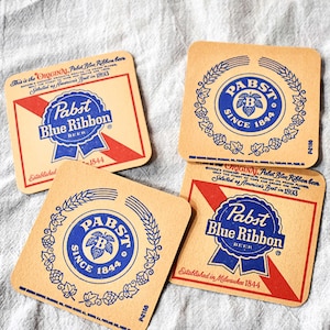 Four 1970s Two Sided Pabst Blue Ribbon Beer Coasters, Man Cave, Bar Ware, Milwaukee, Advertising