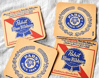 Four 1970s 2-Sided Pabst Blue Ribbon Beer Coasters, Man Cave, Bar, Advertising