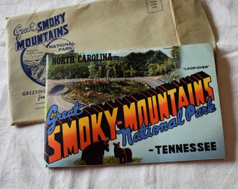 Vintage 1940s Great Smoky Mountains National Park Souvenir Booklet and Mailer Envelop, Painted Picture, Loop Over Chimney Top