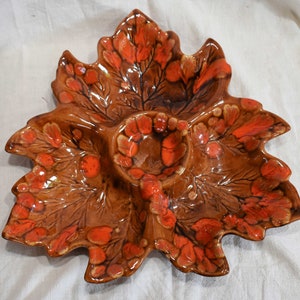 Vintage Leaf Shaped Burnt Orange and Brown Glazed Pottery Serving Dish or Candy Dish with Compartments, Perfect for Nuts Candy
