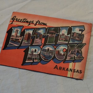 Vintage jaren 1940 Little Rock Arkansas geschilderd fotoboekje 18 beroemde plaatsen accordeon vouwen souvenir ansichtkaartformaat