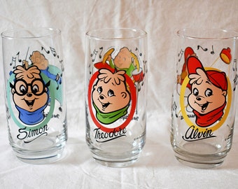 Vintage 1980s, Set of 3 Chipmunk Cartoon Character Drinking Glasses Hardees Promo Bagdasarian Productions
