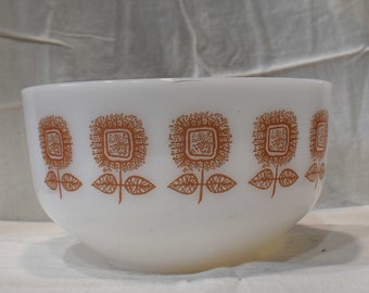 Vintage 1970s White Bowl with Large Stylized Flowers and Stems Decorating the Sides Tan Carmel Colored Flowers Federal Bowl Mid Century Mod