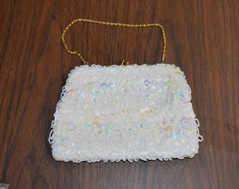 Vintage Faux Pearl White Beads and Iridescent Sequence Small Coin Purse Twist Opening Small Evening Bag Purse Mid Century Modern 1960s