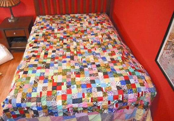 Patchwork Feedsack Quilt Top, 1960s 1970s Solid and Plaids, Calicos, Double Bed Size 73 x 87"
