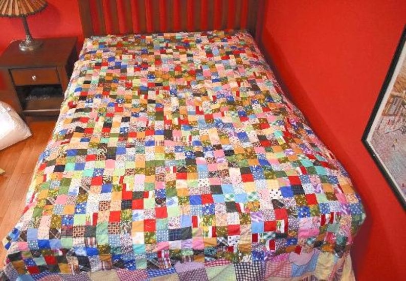 Patchwork Feedsack Quilt Top, 1960er 1970er Jahre massiv und kariert, Calicos, Doppelbett Größe 196, 229 cm Bild 1