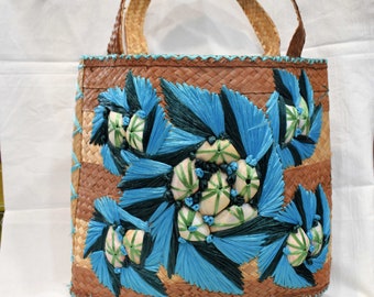 Vintage Souvenir Woven Raffia Beach Bag with Beautiful Blue Flowers Medium Tote Bag