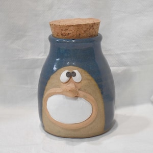 コルク蓋付き陶器製フェイスジャー 気まぐれな釉薬ブルーと釉薬なしタンベージュ