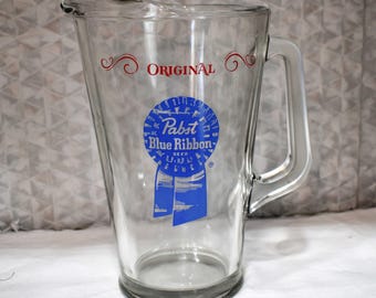 Pabst Blue Ribbon Pitcher, Beer Advertising, PBR Heavy Pressed Glass Pitcher with Pour Lip