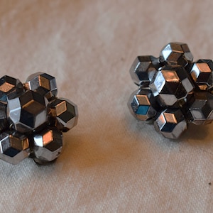 Vintage 1950s 1960s Shiny Silver Bead Clip on Earrings Shaped Dark Silver Beads Mid Century Mod