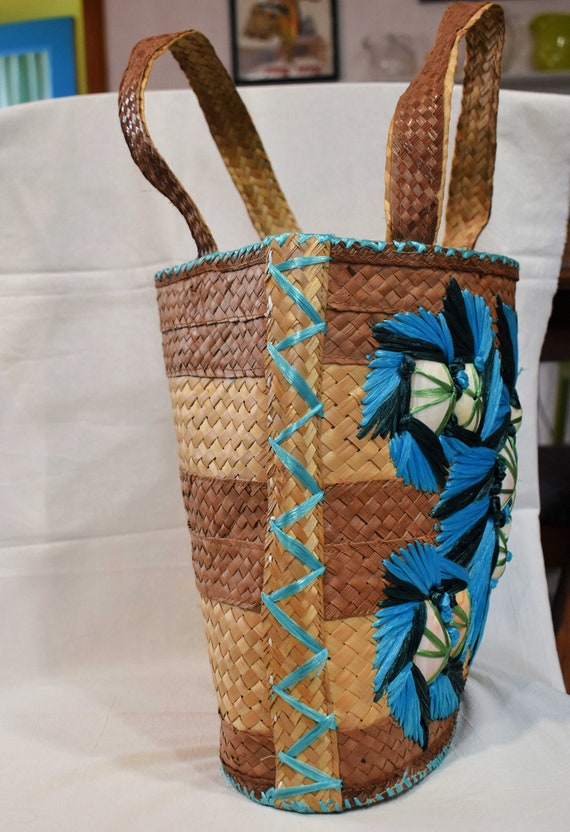 Vintage Souvenir Woven Raffia Beach Bag with Beau… - image 2