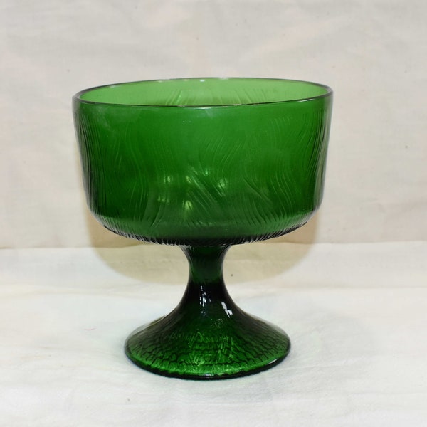 Vintage Deep Green Pedestal Glass Dishes Candy Dish Patterned Glass Mid Century Modern Colored Glass