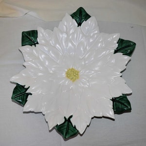 Vintage 1960s Hand Crafted Christmas Serving Dish, Large White Holiday Poinsettia Head and Leaves Perfect for Cookies or Candy