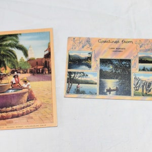 Lot de 2 cartes postales peintes souvenir du Camp Roberts de Los Angeles, Californie du Sud, vintage des années 40