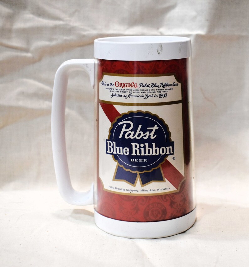 Vintage 1970s Pabst Beer Mug White Plastic With Pabst Blue Ribbon Logo