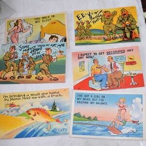 Set van 6 GI Joe Comic-postkaarten uit de jaren 40, ongemailde, ongebruikte ansichtkaarten uit de Tweede Wereldoorlog