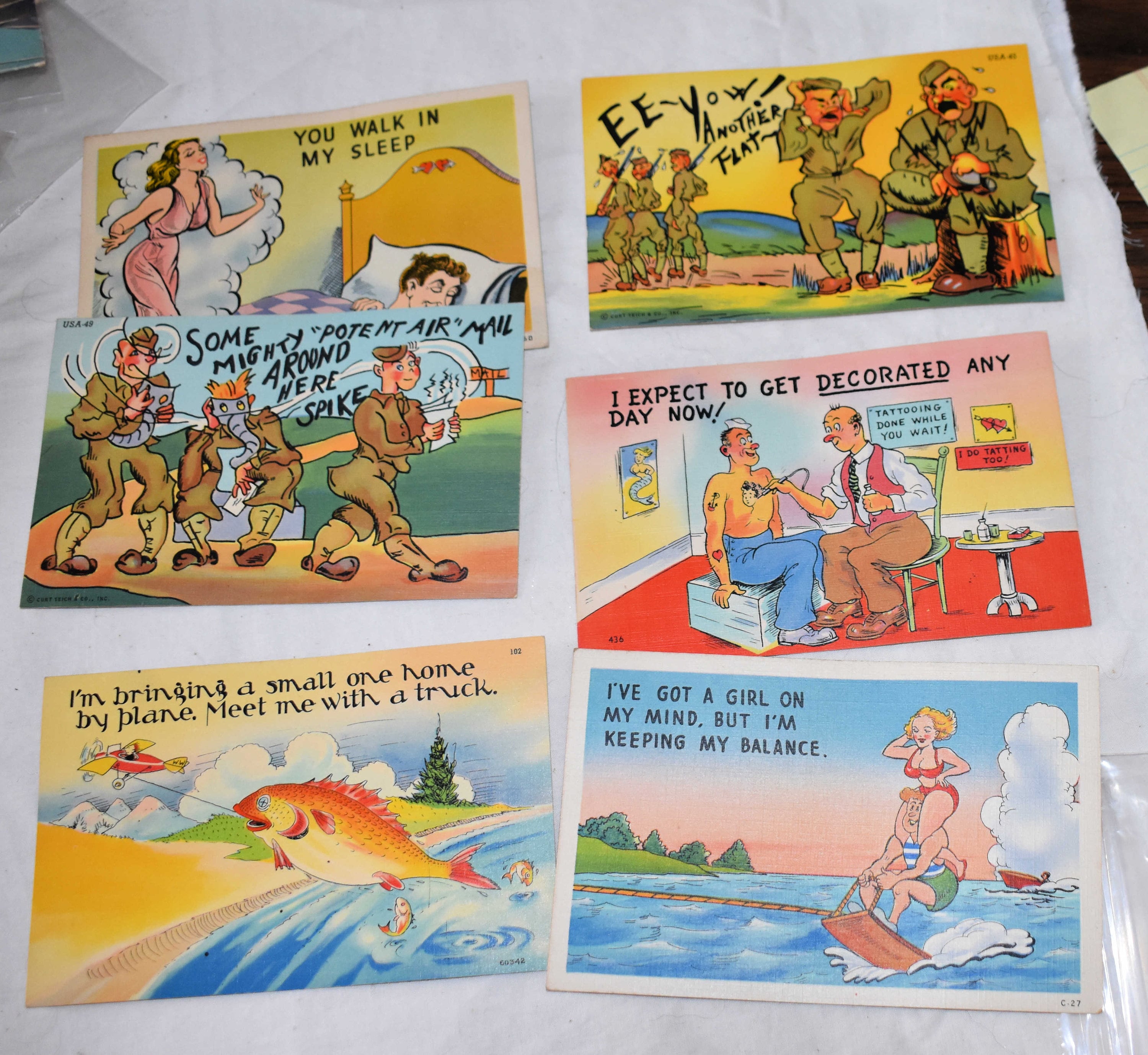 Set of 6 1940s GI Joe Comic Post Cards WWII Era Unmailed, Unused Postcards