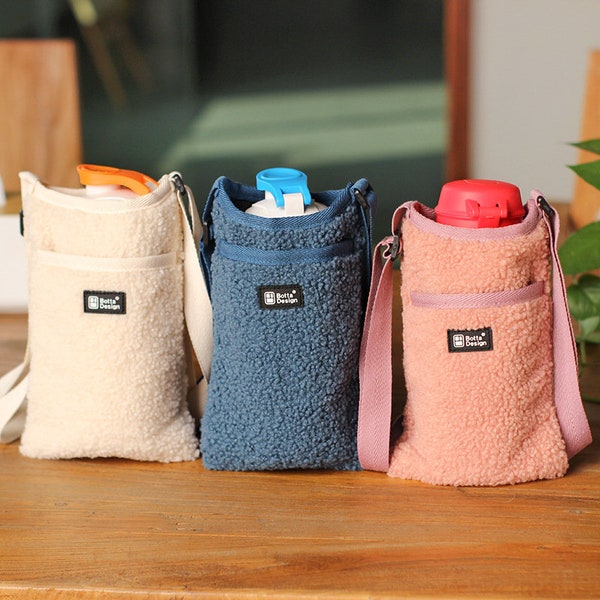 Water Bottle Carrier Fluffy Plush Sling Bag with Adjustable Strap and Phone Pocket