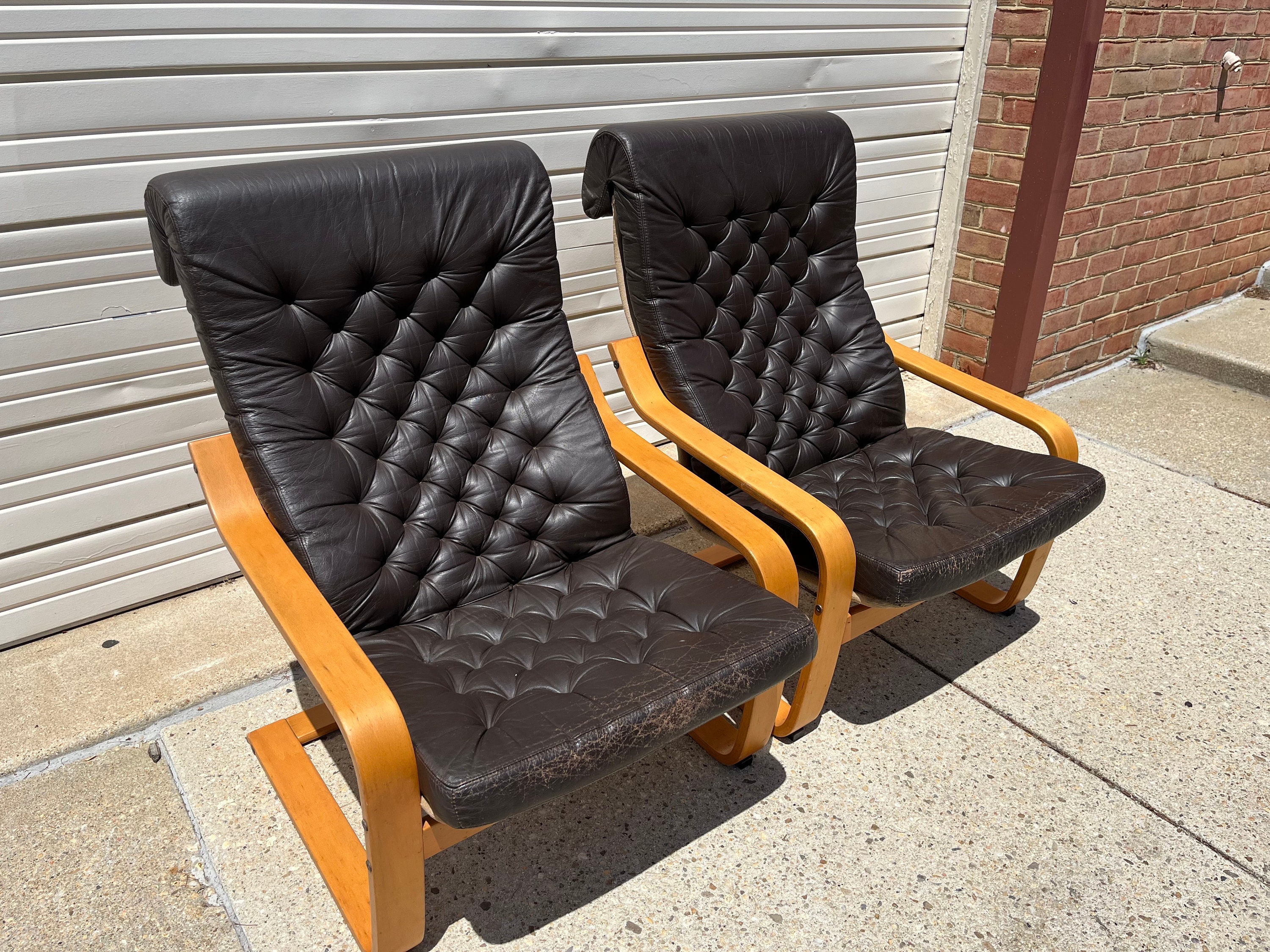 Pair of Original Vintage POEM Chairs in Tufted Brown Leather by