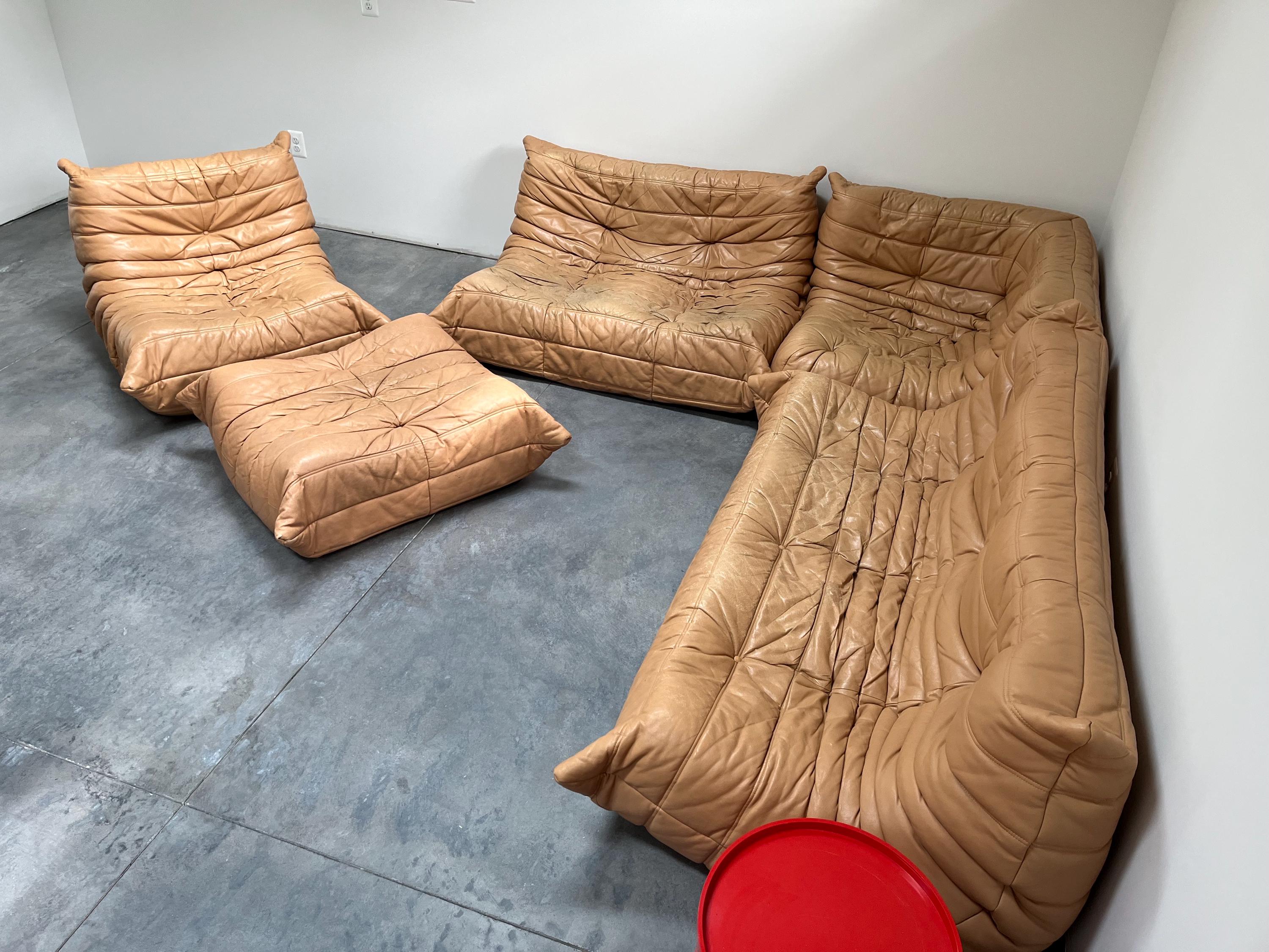 Authentic Vintage Ligne Roset Leather Togo 5 Piece Sofa Set by