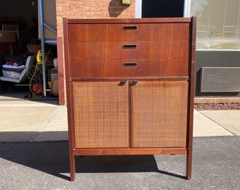 Vintage Founders Patterns 9 Series Walnut and Cane High Boy Dresser by Jack Cartwright Mid Century Modern MCM