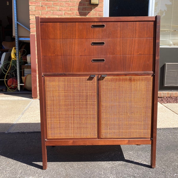 Vintage Founders Patterns 9 Series Walnut and Cane High Boy Dresser by Jack Cartwright Mid Century Modern MCM