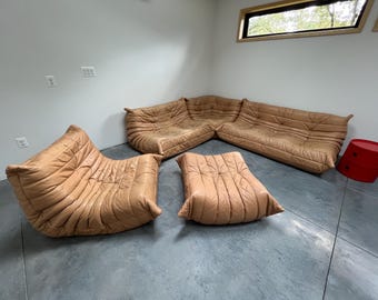 Authentic Vintage Ligne Roset Leather Togo 5 piece sofa set by Michel Ducaroy