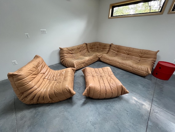 Authentic Vintage Ligne Roset Leather Togo 5 Piece Sofa Set by
