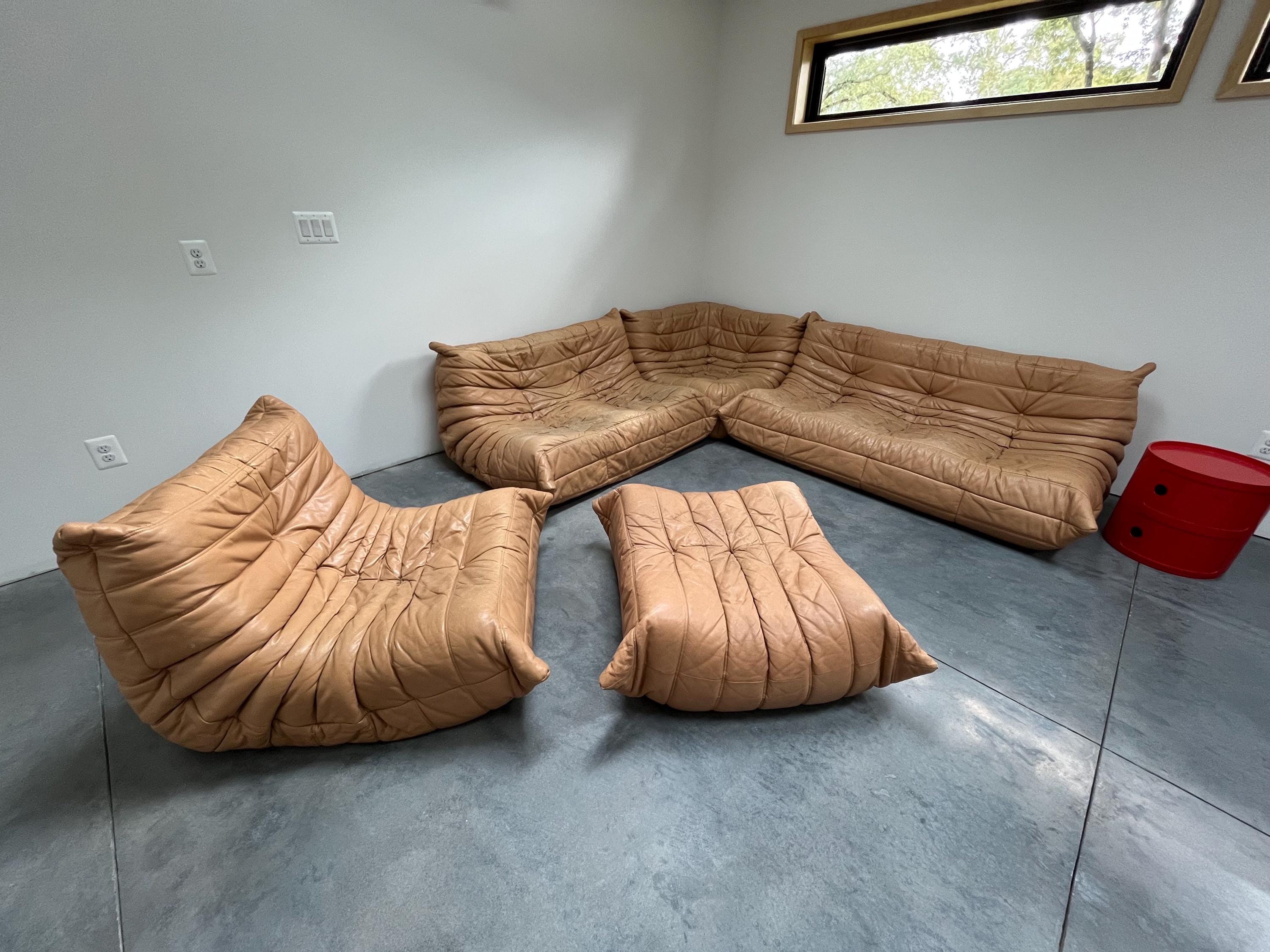 Authentic Vintage Ligne Roset Leather Togo 5 Piece Sofa Set by