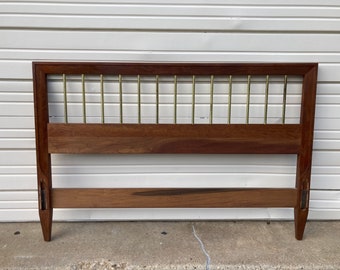Vintage Mid Century Modern Walnut and Brass Full Size Headboard by Kindel Furniture in the style of Paul McCobb READ Description
