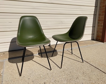 Pair of Green Naugahyde Herman Miller Eames Fiberglass Side Shell Chairs Mid Century Modern