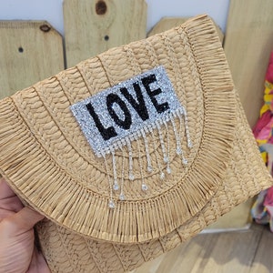 Handcratted handbag •  patched straw • evil eye clutch bag • Love