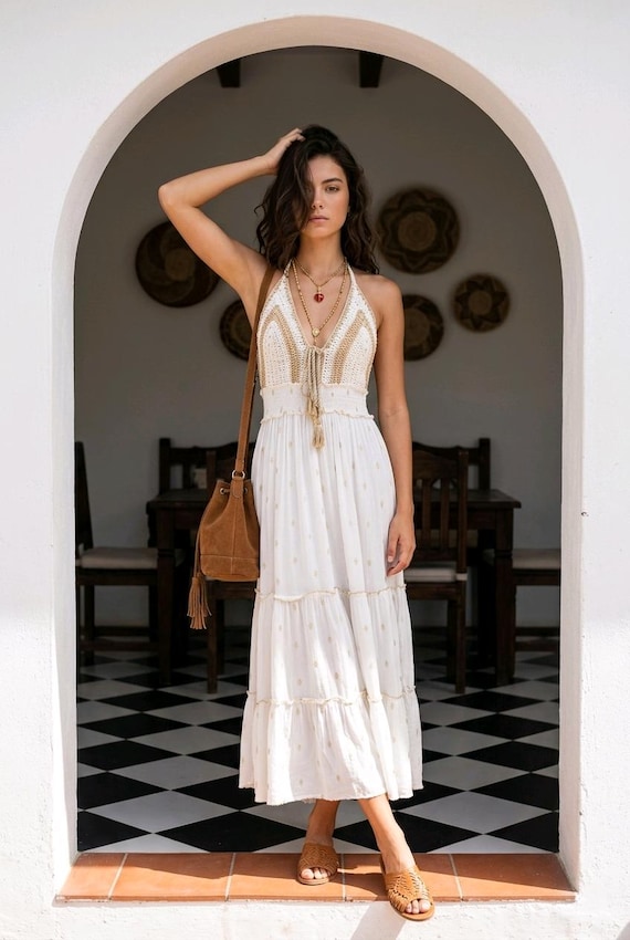 crochet maxi dress with open back Carmen Crochet Sequin Maxi Open Back Dress - Blue