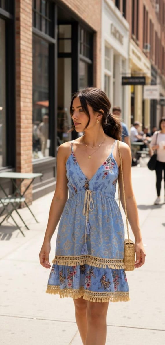 short viscose dress Bohemian Viscose Short Dress: Adjustable Tiered Sundress