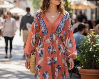 Boho Floral Mini Dress: Handmade Bohemian Short Sleeve Dress