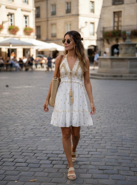 crochet layered dress Boho Tiered Zury Dress: Open Back, Adjustable, One Size surface sequin covered