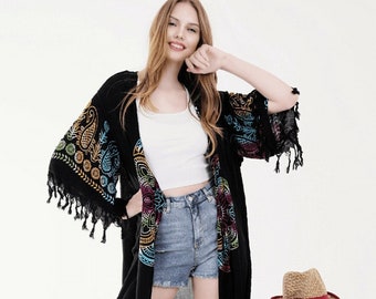 Summer Trend Anatolian Pattern Kaftan Kimono - Belted - Hand Printed, Ethnic Kimono, Organic Handmade Kimono, Hippie Clothes, Cardigan