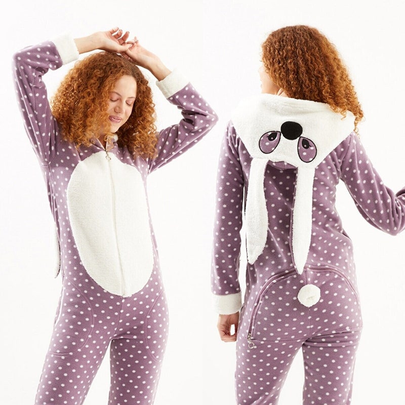 Women's Fleece Onesie With Butt Flap - Cute One Piece Pajamas With Hood