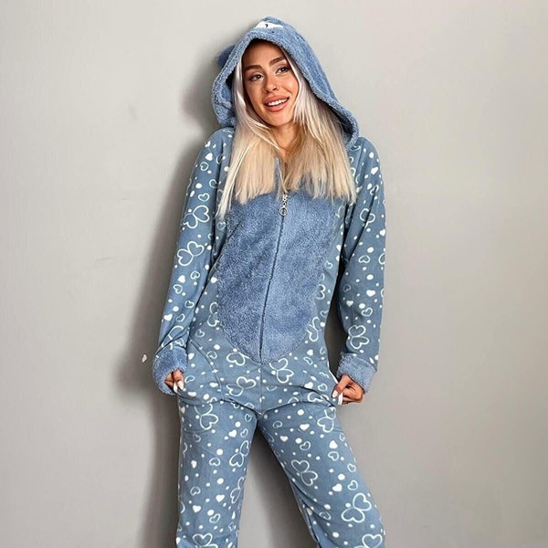 Blue Heart Pattern Women's Fleece One Piece Back Zippered Butt Flap Plush Jumpsuit Onesie Pajamas Set, Soft Cozy Pajamas For Women