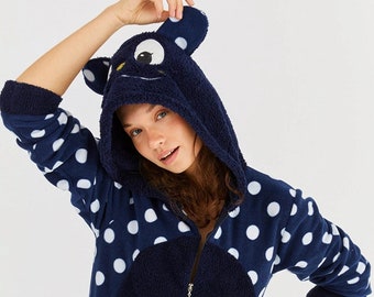 Ensemble de pyjama combinaison à capuche en polaire Welsoft à pois avec rabat sur les fesses pour femme, combinaison de pyjama à capuche pour femme, grenouillère pour adultes, pyjama à rabat