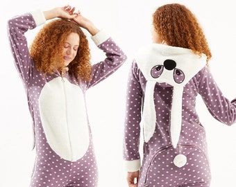 Lila Kaninchen Kleine Polka Dot Zurück Reißverschluss Fleece Butt Lasche Onesie Overall für Frauen, One Piece Winter Pyjamas, Fleece One Piece Pyjamas