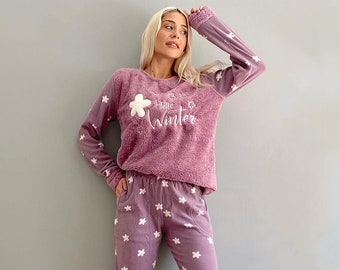 Lila Hallo Winter Gemustert Voll Plüsch Fleece Damen Pyjamas Set, Winter Home Wear, Damen Winter Fleece Pyjamas, Weihnachtsgeschenk