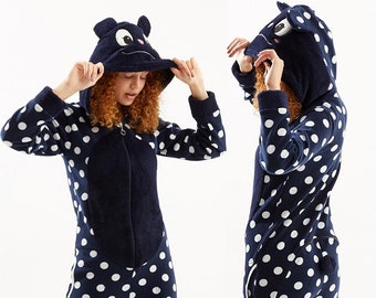 Navy Blau Kaninchen Polka Dot Reißverschluss Zurück Pompom Tail Butt Butt Klapp Strampelanzug Fleece Overall Damen Pyjama Set, Erwachsener Onesie Overall, Sexy Kostüm